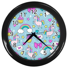 Cute Unicorn Pattern Wall Clocks (black) by Valentinaart