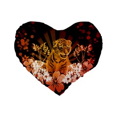 Cute Little Tiger With Flowers Standard 16  Premium Heart Shape Cushions by FantasyWorld7
