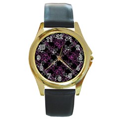 Dark Intersecting Lace Pattern Round Gold Metal Watch by dflcprints