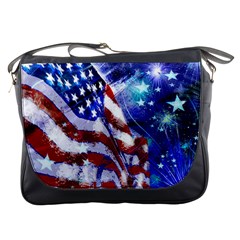 American Flag Red White Blue Fireworks Stars Independence Day Messenger Bags by Sapixe
