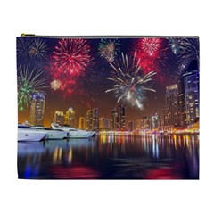 Christmas Night In Dubai Holidays City Skyscrapers At Night The Sky Fireworks Uae Cosmetic Bag (xl) by Sapixe