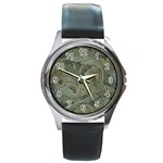 Vintage Background Green Leaves Round Metal Watch