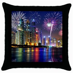 Dubai City At Night Christmas Holidays Fireworks In The Sky Skyscrapers United Arab Emirates Throw Pillow Case (black)