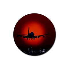 Red Sun Jet Flying Over The City Art Rubber Round Coaster (4 Pack)  by Sapixe