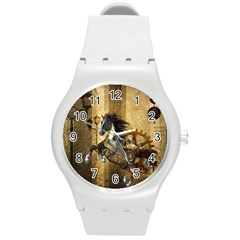 Awesome Steampunk Horse, Clocks And Gears In Golden Colors Round Plastic Sport Watch (m) by FantasyWorld7