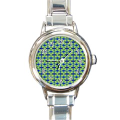 Blue Yellow Green Swirl Pattern Round Italian Charm Watch by BrightVibesDesign