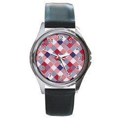 Usa Americana Diagonal Red White & Blue Quilt Round Metal Watch by PodArtist