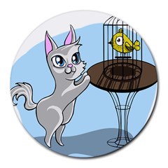 Cat Bird Cage Hunt Hunting Pet Round Mousepads by Sapixe