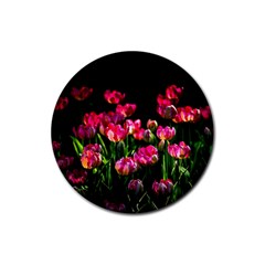 Pink Tulips Dark Background Rubber Round Coaster (4 Pack)  by FunnyCow
