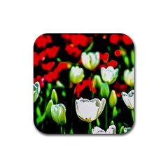 White And Red Sunlit Tulips Rubber Coaster (square)  by FunnyCow
