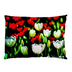White And Red Sunlit Tulips Pillow Case by FunnyCow