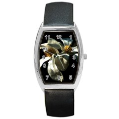 Two White Magnolia Flowers Barrel Style Metal Watch by FunnyCow