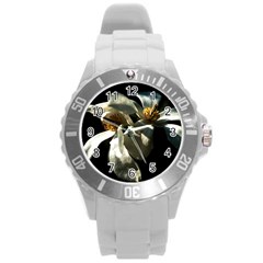 Two White Magnolia Flowers Round Plastic Sport Watch (l) by FunnyCow