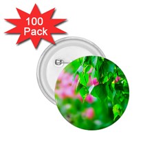 Green Birch Leaves, Pink Flowers 1 75  Buttons (100 Pack)  by FunnyCow