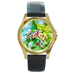 Crab Apple Flowers Round Gold Metal Watch Front
