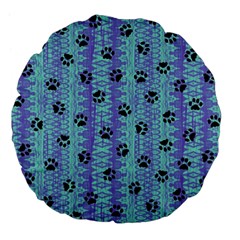 Footprints Cat Black On Batik Pattern Teal Violet Large 18  Premium Flano Round Cushions by EDDArt