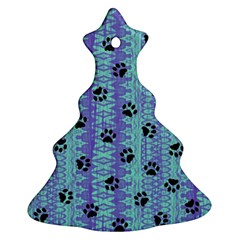 Footprints Cat Black On Batik Pattern Teal Violet Ornament (christmas Tree)  by EDDArt