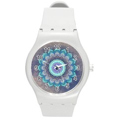 Folk Art Lotus Mandala Blue Turquoise Round Plastic Sport Watch (m) by EDDArt