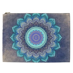 Folk Art Lotus Mandala Blue Turquoise Cosmetic Bag (xxl) by EDDArt