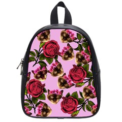 Lazy Cat Floral Pattern Pink School Bag (small) by snowwhitegirl