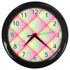 Pastel Rainbow Tablecloth Diagonal Check Wall Clock (black) by PodArtist