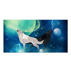 Awesome Black And White Wolf In The Universe Satin Shawl by FantasyWorld7