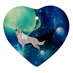 Awesome Black And White Wolf In The Universe Heart Ornament (two Sides) by FantasyWorld7