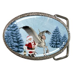 Santa Claus With Cute Pegasus In A Winter Landscape Belt Buckles by FantasyWorld7