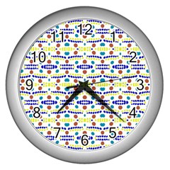 Retro Blue Yellow Brown Teal Dot Pattern Wall Clock (silver) by BrightVibesDesign