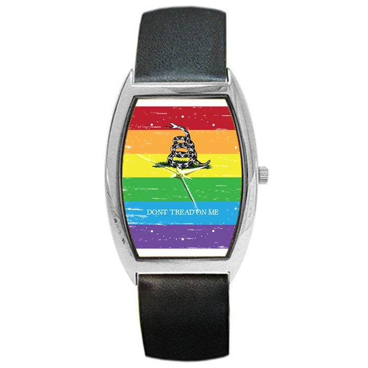 Gadsden Grunge Don t Tread on ME LGBTQ Rainbow Flag Snake USA Libertarian Barrel Style Metal Watch