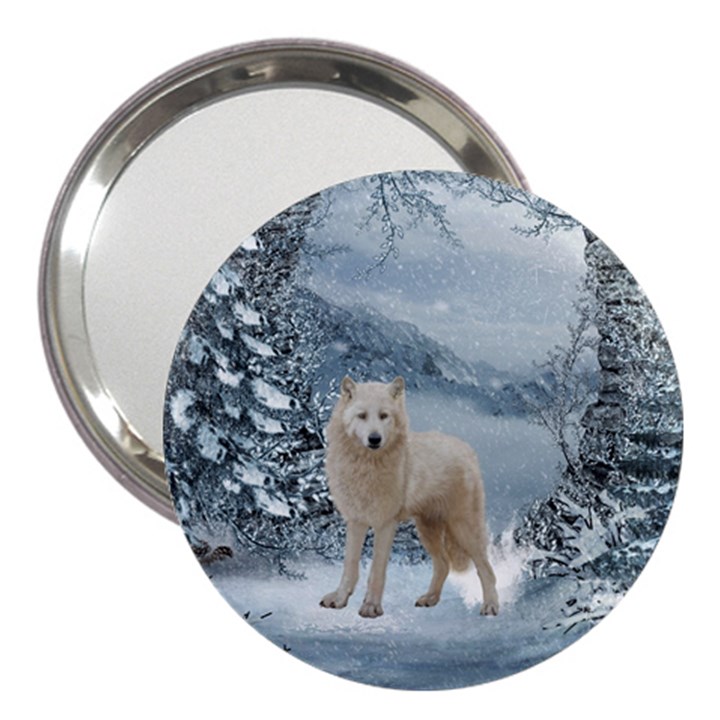 Wonderful Arctic Wolf In The Winter Landscape 3  Handbag Mirrors