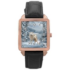 Wonderful Arctic Wolf In The Winter Landscape Rose Gold Leather Watch  by FantasyWorld7