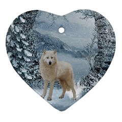 Wonderful Arctic Wolf In The Winter Landscape Ornament (heart) by FantasyWorld7