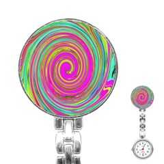 Groovy Abstract Pink, Turquoise And Yellow Swirl Stainless Steel Nurses Watch by myrubiogarden