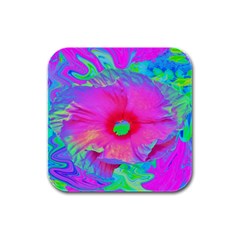 Psychedelic Pink And Red Hibiscus Flower Rubber Square Coaster (4 Pack)  by myrubiogarden