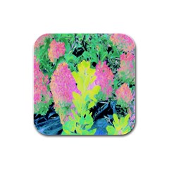 Fluorescent Yellow Smoke Tree With Pink Hydrangea Rubber Square Coaster (4 Pack)  by myrubiogarden