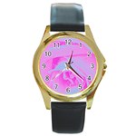 Perfect Hot Pink And Light Blue Rose Detail Round Gold Metal Watch