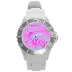 Perfect Hot Pink And Light Blue Rose Detail Round Plastic Sport Watch (L)