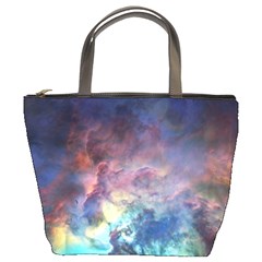 Lagoon Nebula Interstellar Cloud Pastel Pink, Turquoise And Yellow Stars Bucket Bag by genx