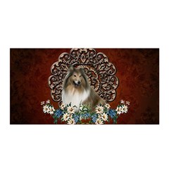 Cute Collie With Flowers On Vintage Background Satin Wrap by FantasyWorld7