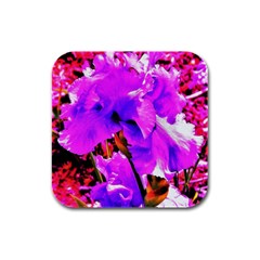 Abstract Ultra Violet Purple Iris On Red And Pink Rubber Square Coaster (4 Pack)  by myrubiogarden