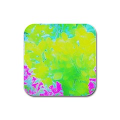 Fluorescent Yellow And Pink Abstract Garden Foliage Rubber Square Coaster (4 Pack)  by myrubiogarden