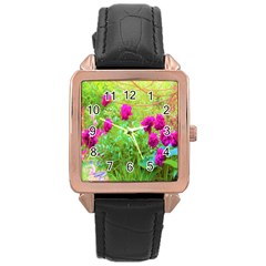 Impressionistic Purple Peonies With Green Hostas Rose Gold Leather Watch  by myrubiogarden