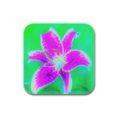 Hot Pink Stargazer Lily On Turquoise Blue And Green Rubber Square Coaster (4 Pack)  by myrubiogarden