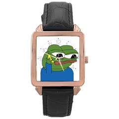 Apu Apustaja With Banana Phone Wall Eyed Pepe The Frog Kekistan Rose Gold Leather Watch  by snek