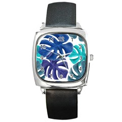 Leaves Tropical Blue Green Nature Square Metal Watch
