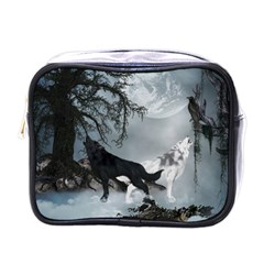 Awesome Black And White Wolf In The Dark Night Mini Toiletries Bag (one Side) by FantasyWorld7