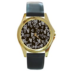 White Hearts - Black Background Round Gold Metal Watch by alllovelyideas