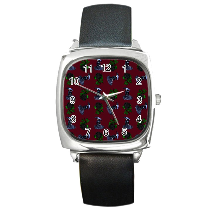Gothic Girl Rose Red Pattern Square Metal Watch