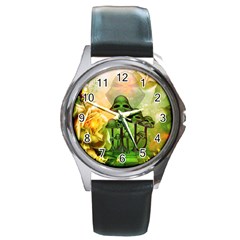Awesome Funny Mushroom Skulls With Roses And Fire Round Metal Watch